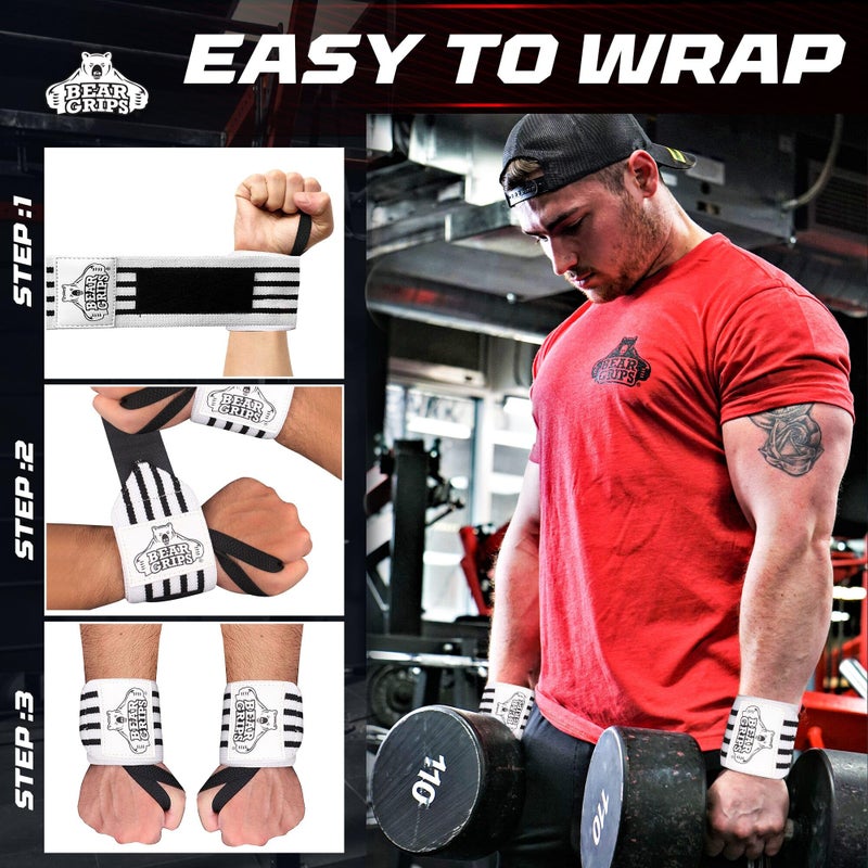 BEAR GRIPS أربطة معصم بير غريب لرفع الأثقال | أربطة معصم لرفع الأثقال | أربطة معصم قوية إضافية للجيم | رباطي معصم في كل عبوة | 12 بوصة و 18 بوصة | رفع للرجال والنساء - Image 3